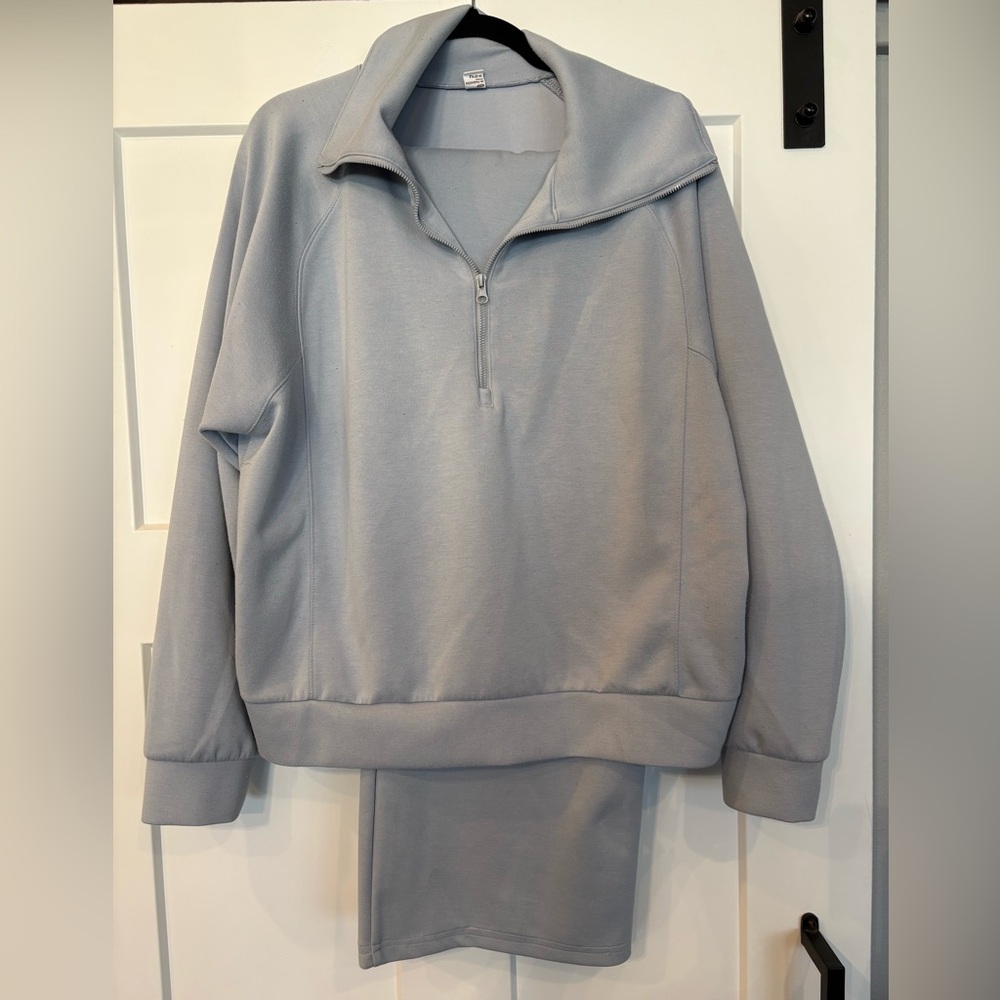 Anrabess Women's Light Blue Gray Zip-Up Lounge Set 2 Piece XL